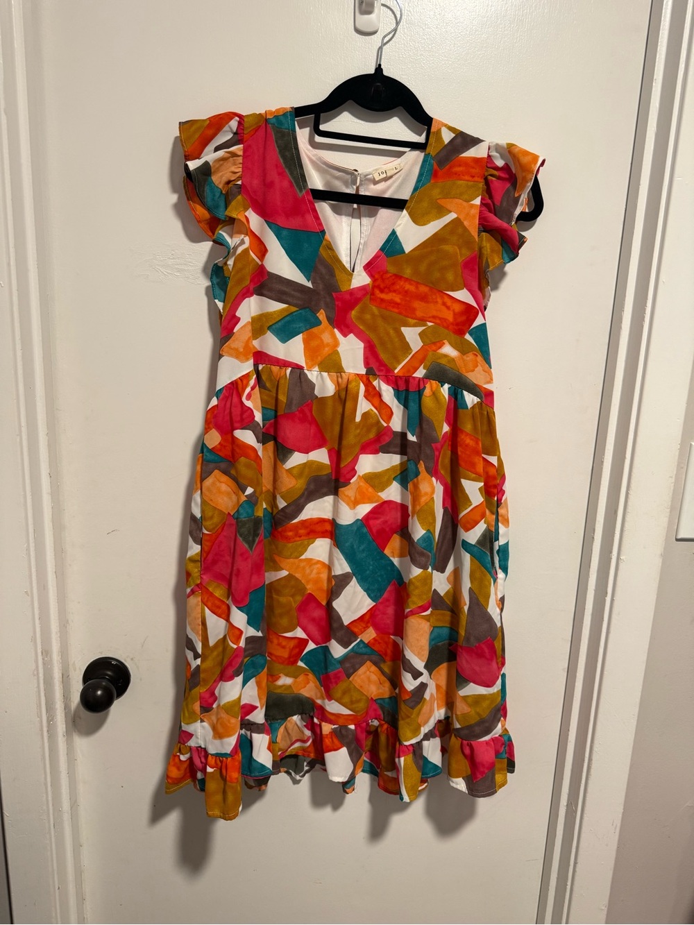 JODIFL Multicolor Abstract Print Girls' Dress - Pink, Orange & Teal